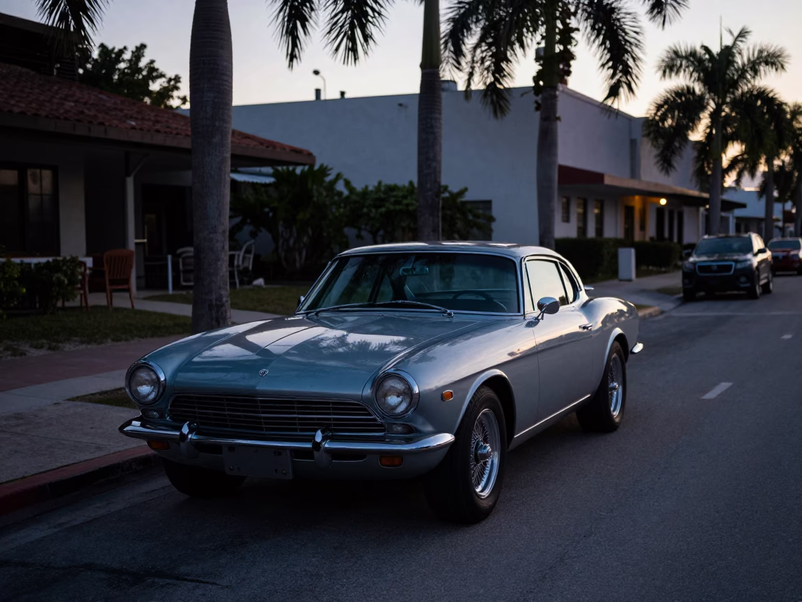 Early Morning Miami Street Scene with Vintage Car and Palm Trees Before Sunrise in in Miami, Florida, United States