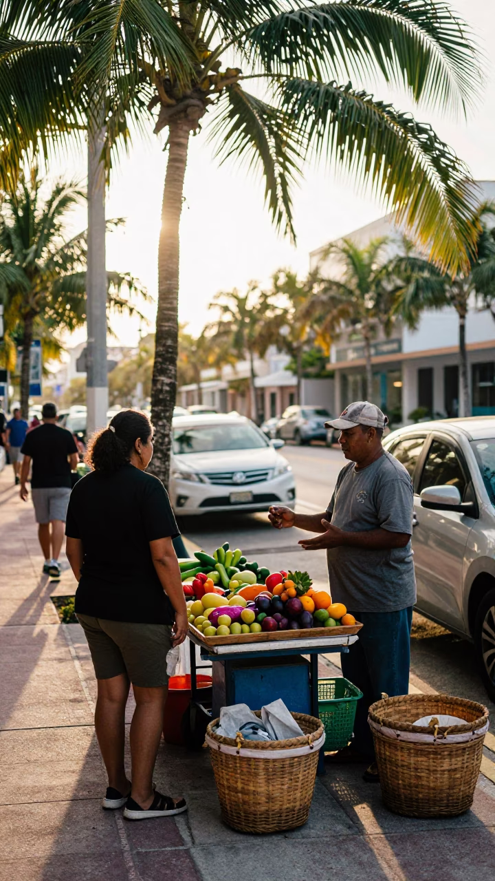 Early Morning Miami Street Vendor Scene with Woven Baskets and Local Interaction in in Miami, Florida, United States