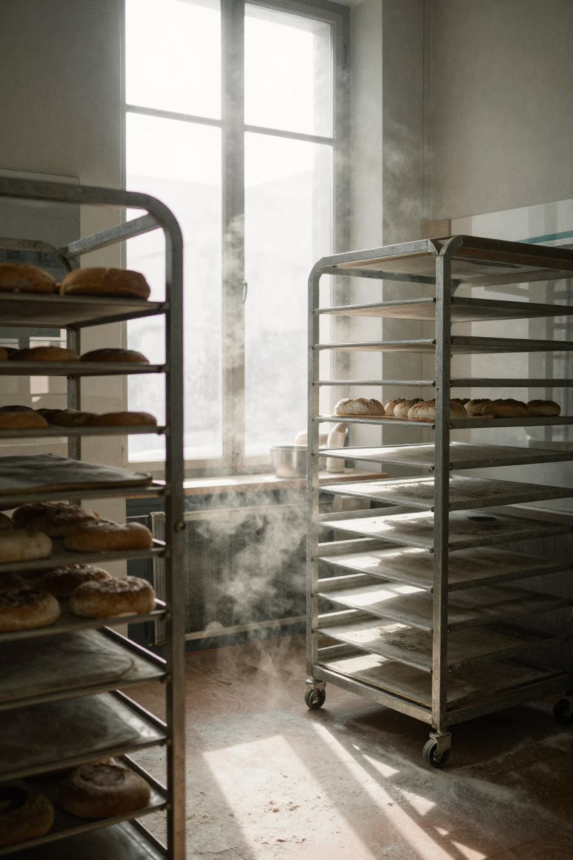 Early Morning Milan Bakery Interior with Flour-Dusted Baker and Fresh Bread Loaves in in Milan, Italy