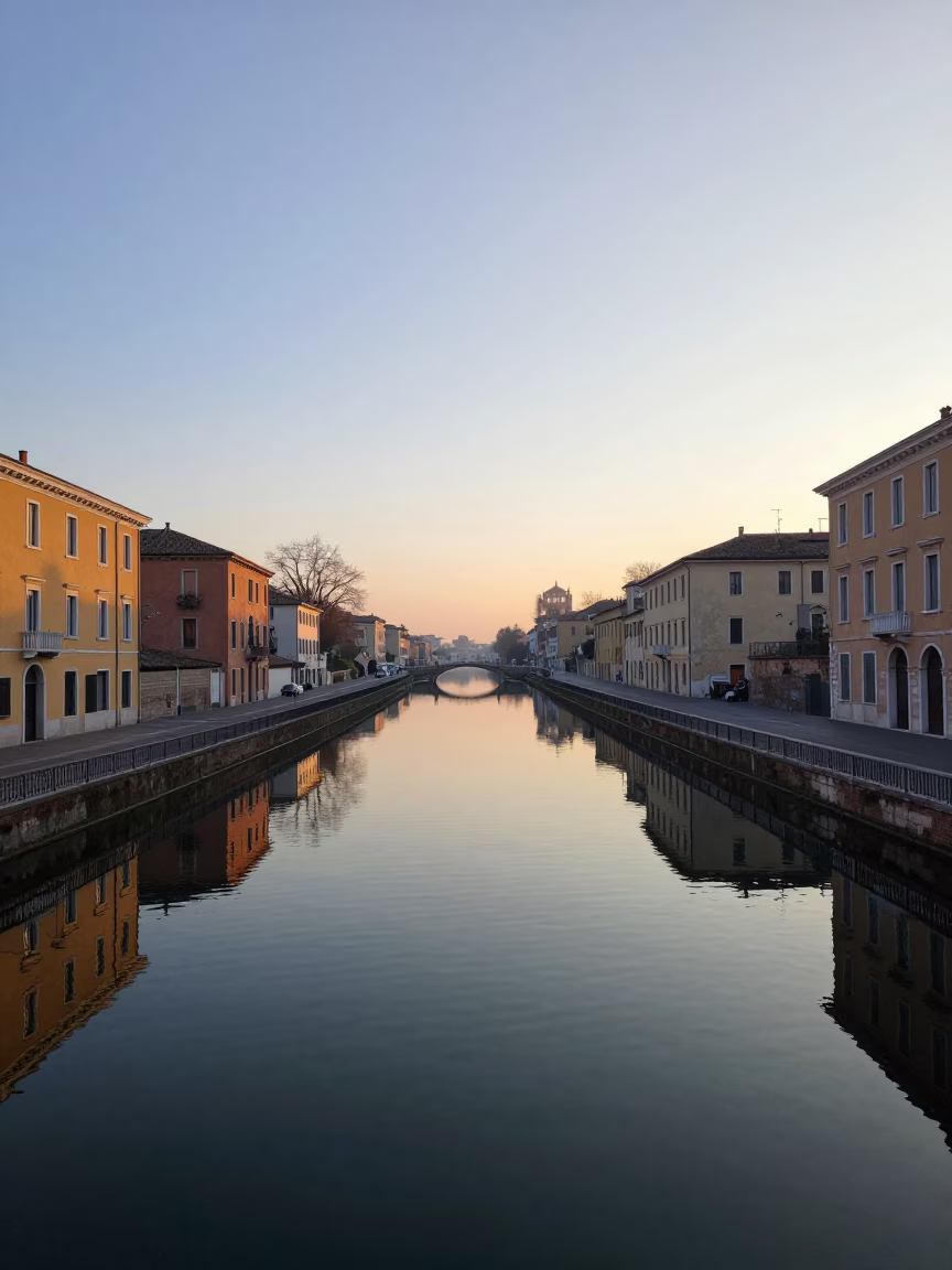 Early Morning Milan Landscape View of Navigli Canals and Historic Brick Architecture in in Milan, Italy