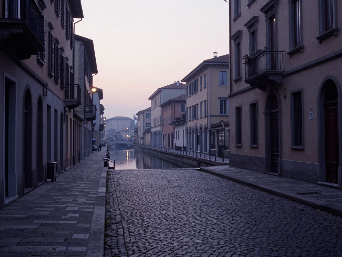 Early Morning Milan Street Scene Before Sunrise with Local Shopkeeper and Grease Sheen in in Milan, Italy