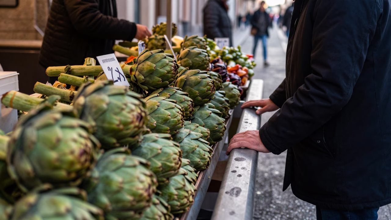 Early Morning Milan Street Scene with Artichokes and Fingerprinted Railings in in Milan, Italy