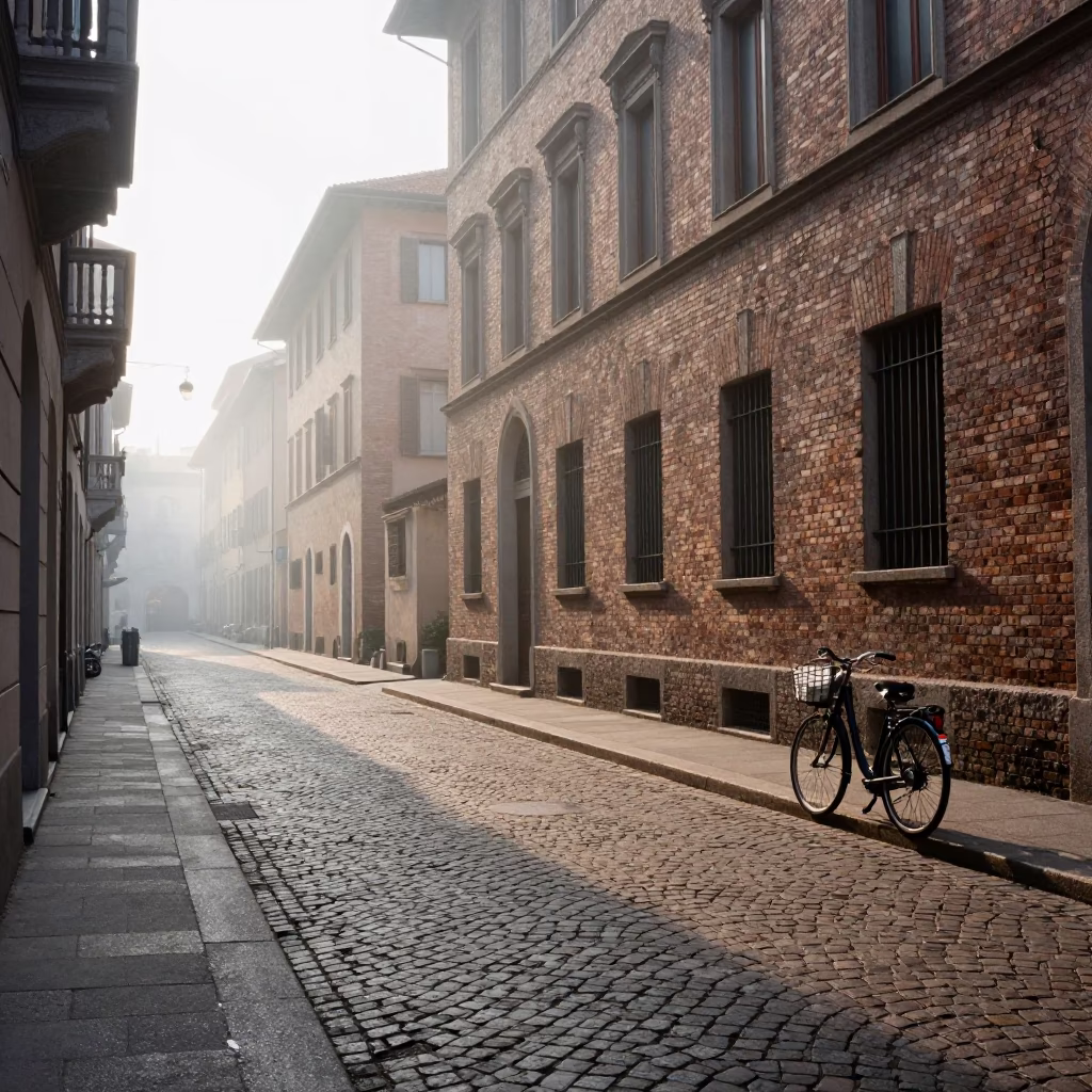 Early Morning Milan Street Scene with Bicycle and Jewel Beetle in in Milan, Italy