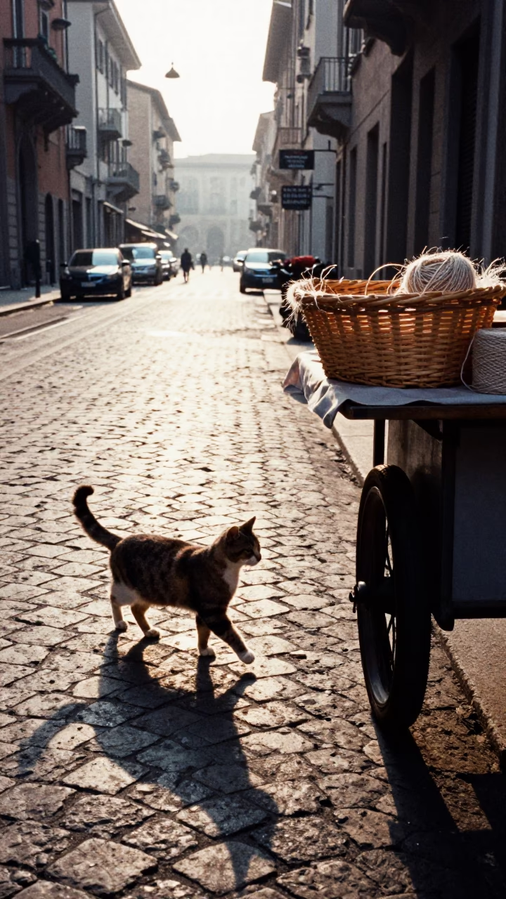 Early Morning Milan Street Scene with Cat and Twine Basket in 1990s in in Milan, Italy
