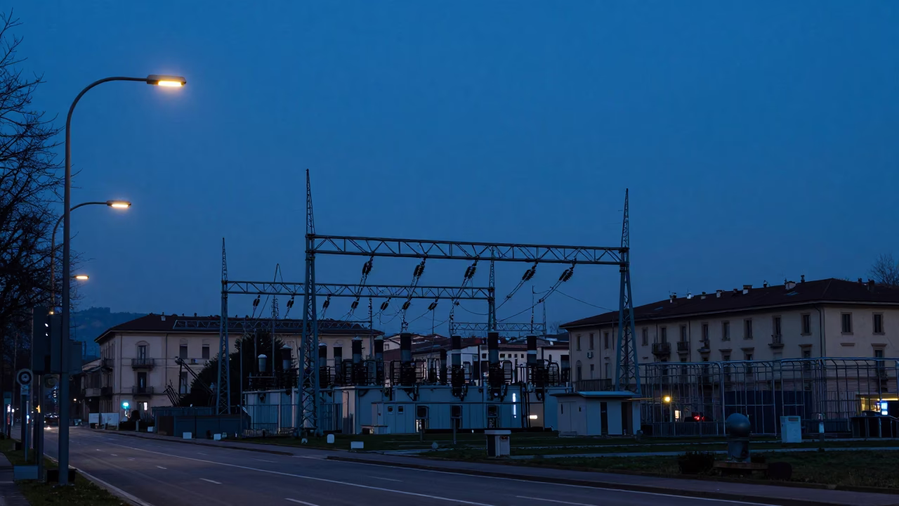 Early Morning Milan Street Scene with Cobalt Sky and Lattice Substation in in Milan, Italy