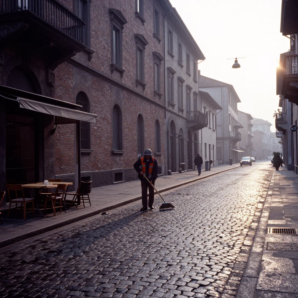 Early Morning Milan Street Scene with Cobblestones and Morning Light in in Milan, Italy
