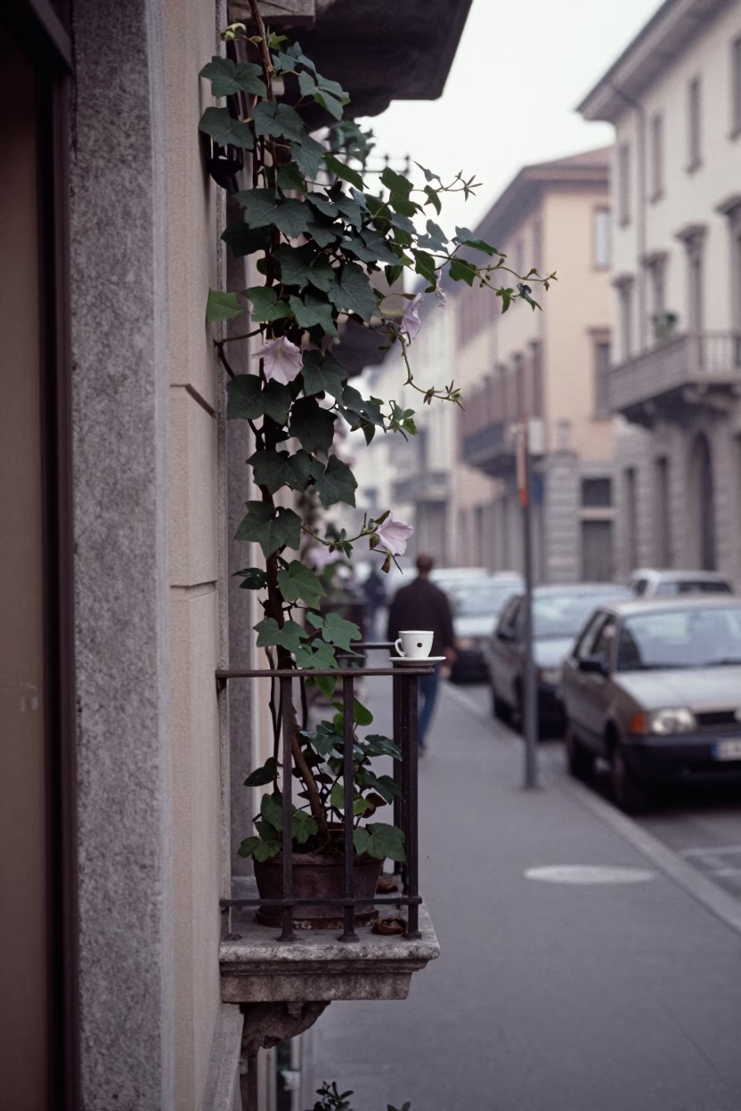 Early Morning Milan Street Scene with Coffee Cup and Morning Glory Vine in in Milan, Italy