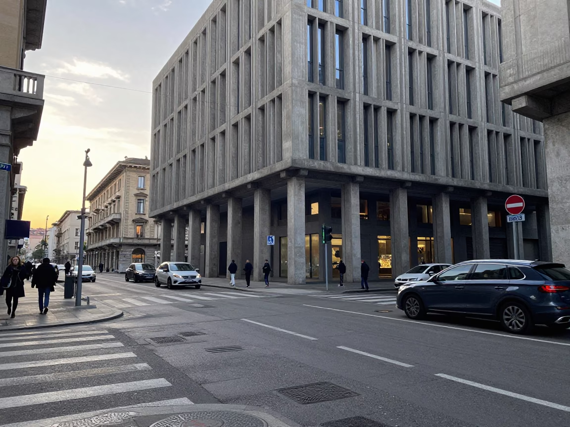Early Morning Milan Street Scene with Concrete Brutalist Architecture and Local Market Activity in in Milan, Italy