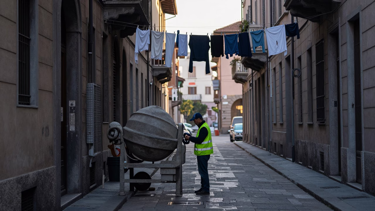 Early Morning Milan Street Scene with Laundry Hanging and Construction Activity in in Milan, Italy