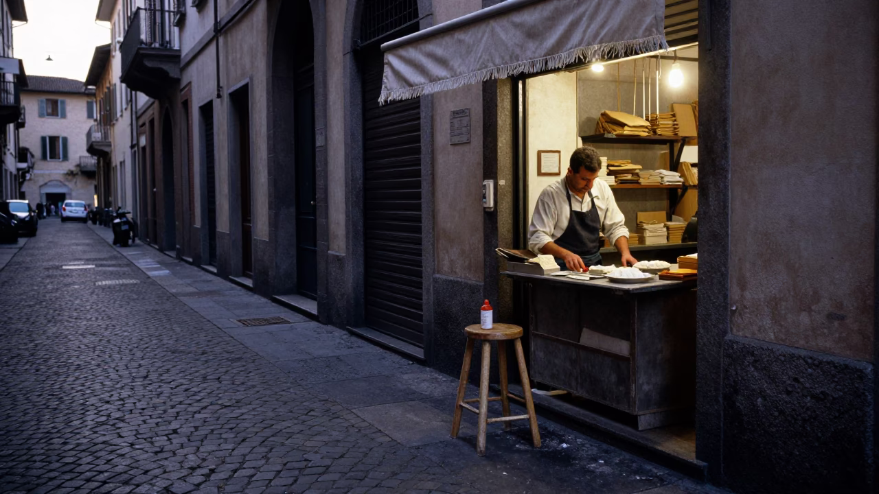 Early Morning Milan Street Scene with Linen Fringe and Work Stool in in Milan, Italy