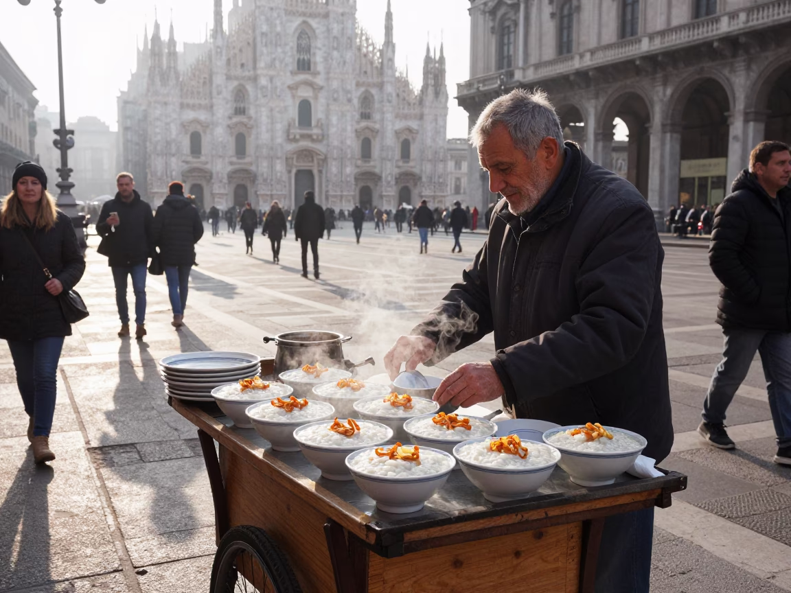 Early Morning Milan Street Scene with Local Breakfast Items and Urban Details in in Milan, Italy