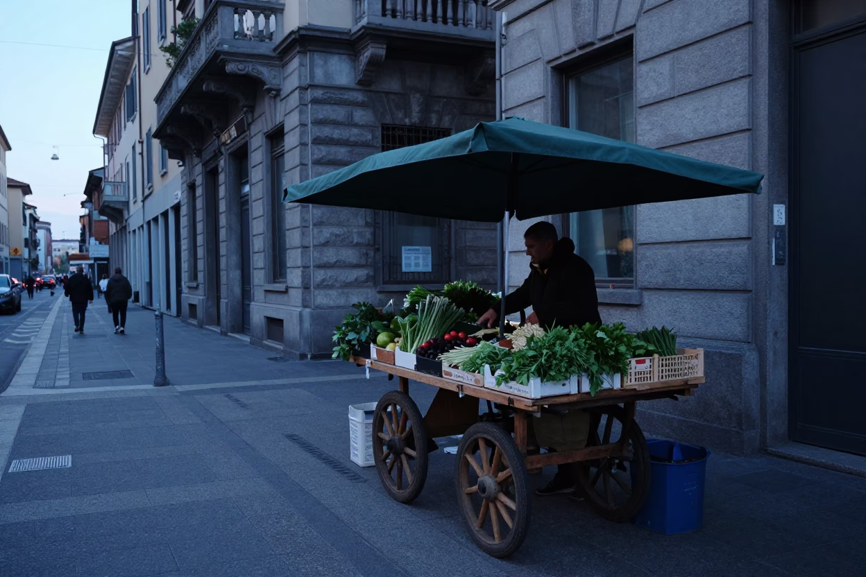 Early Morning Milan Street Scene with Local Market Produce and Ceramic Ware in in Milan, Italy
