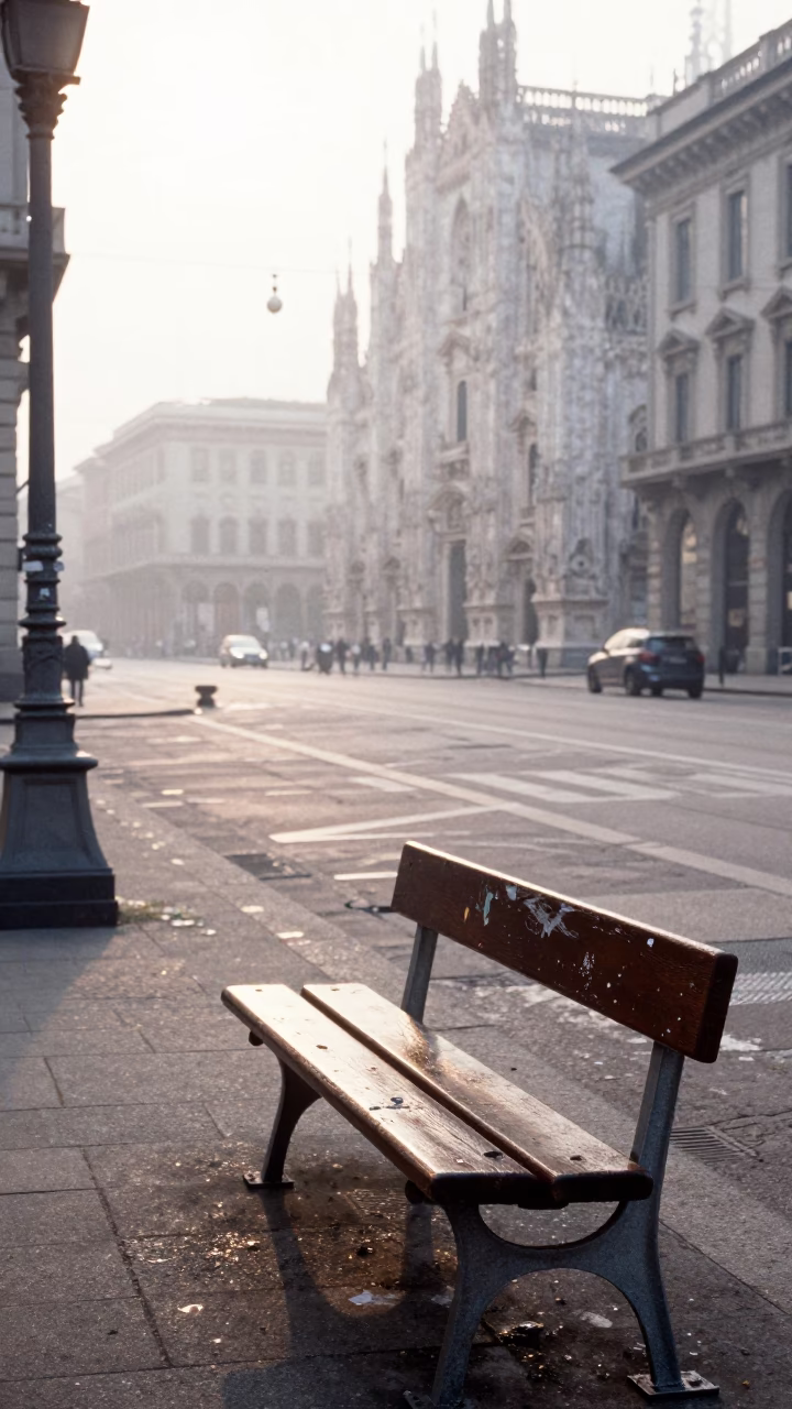 Early Morning Milan Street Scene with Paint Flecks on Bench and Window Glass in in Milan, Italy
