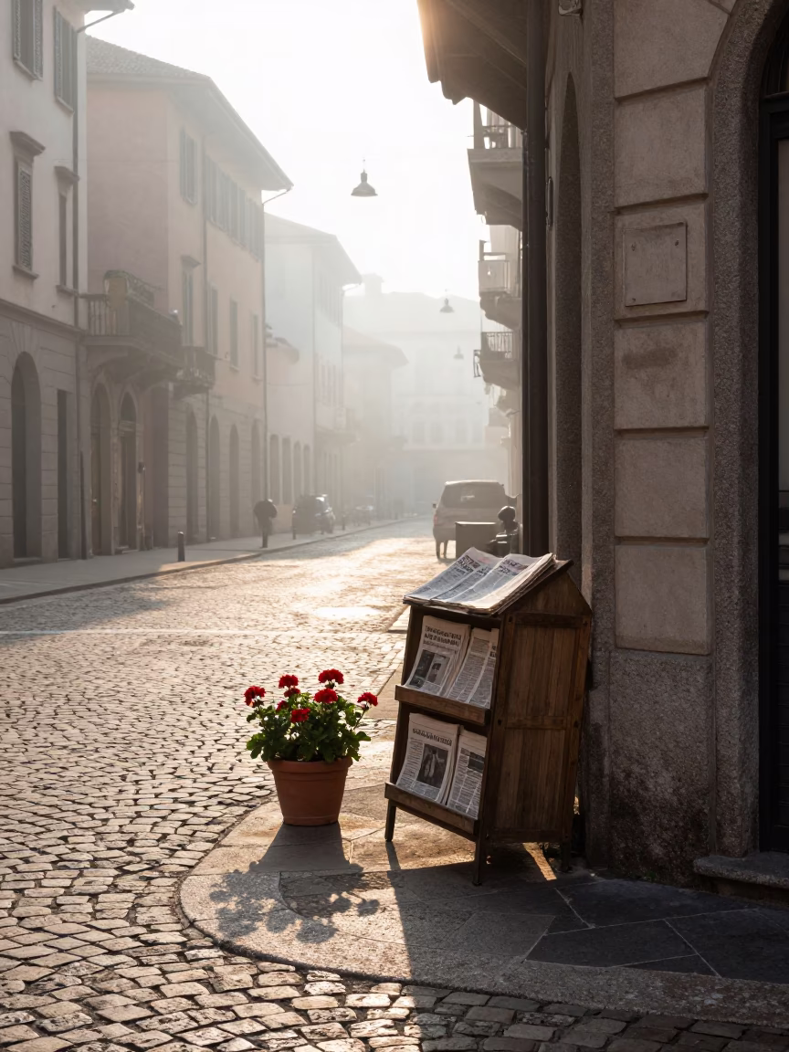 Early Morning Milan Street Scene with Potted Geraniums and Magazine Rack in in Milan, Italy