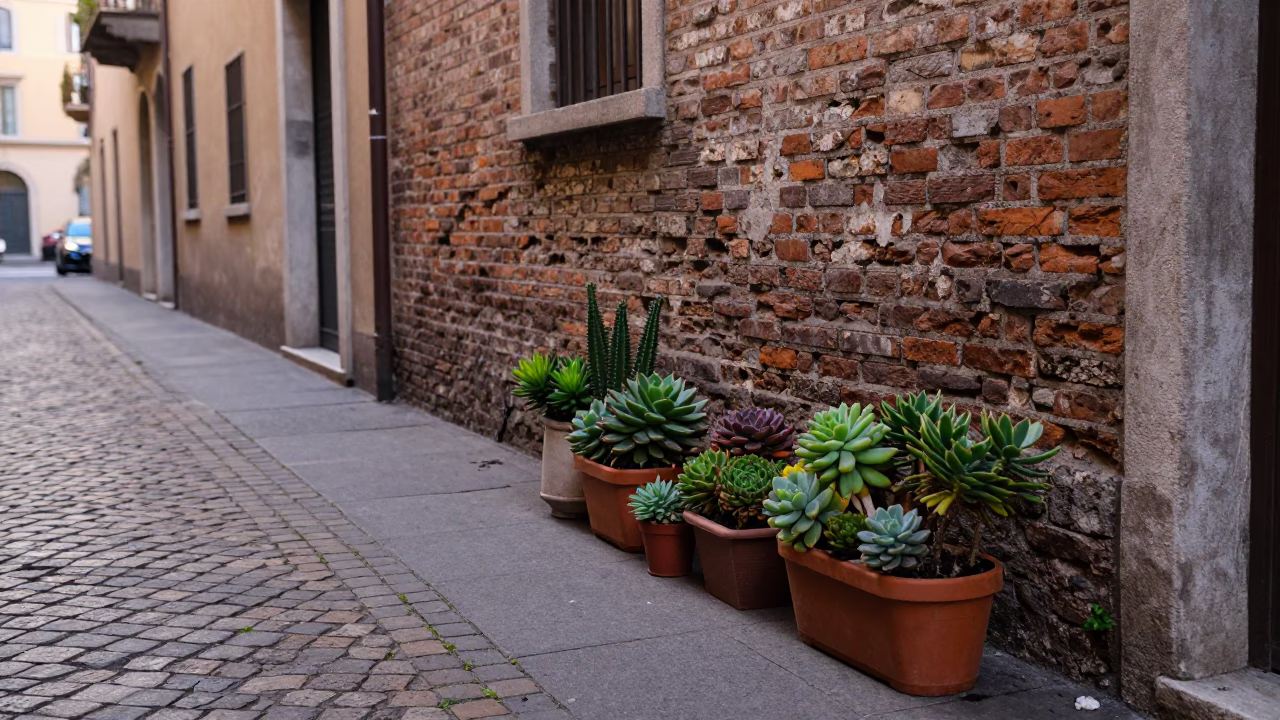 Early Morning Milan Street Scene with Potted Succulents and Twine in in Milan, Italy