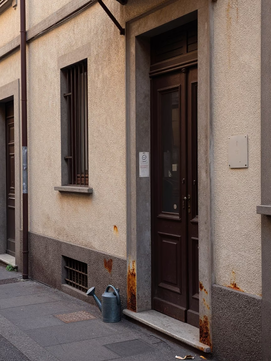 Early Morning Milan Street Scene with Rusty Grout and Vintage Details in in Milan, Italy