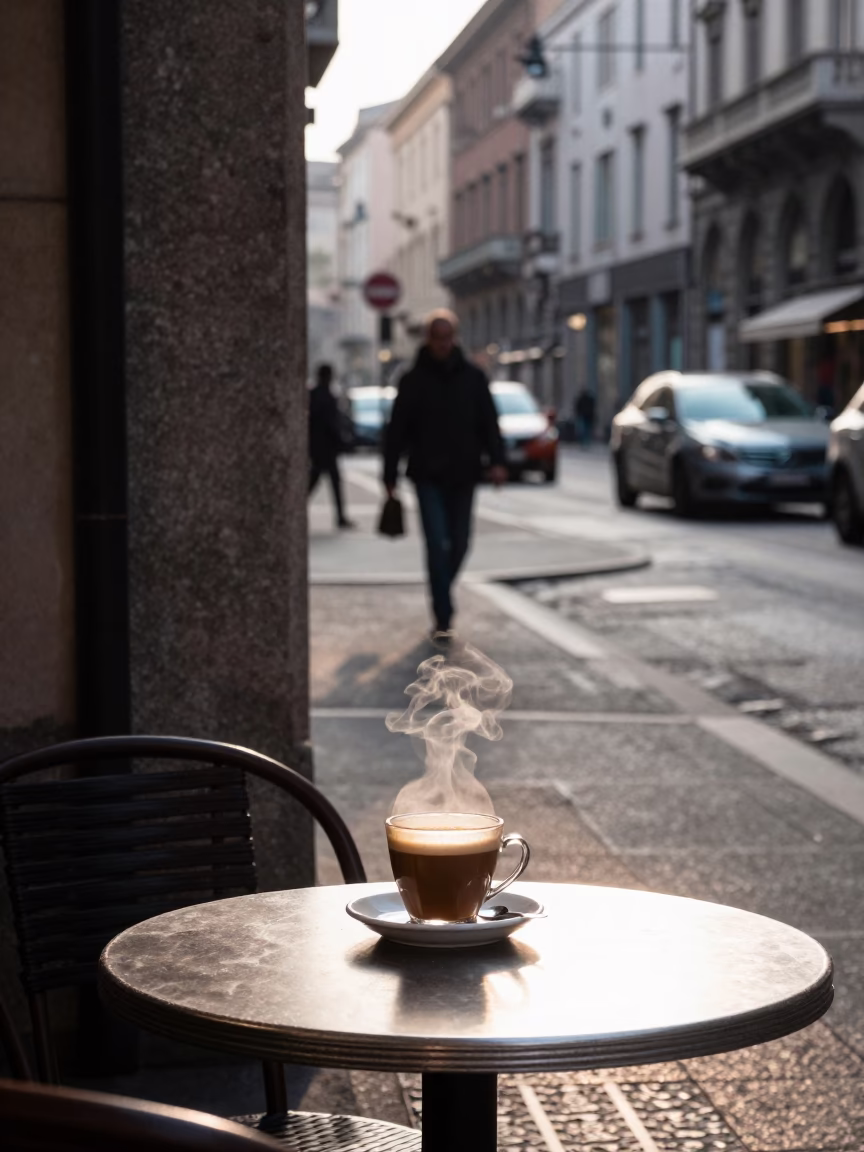 Early Morning Milan Street Scene with Steaming Genmaicha Cup and Folding Ruler in in Milan, Italy