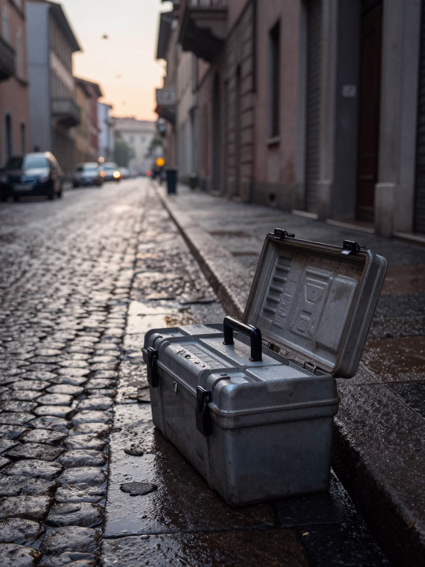 Early morning Milan street scene with toolbox and condensation on water bottle near cobblestones in in Milan, Italy