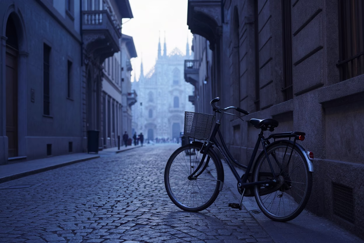 Early Morning Milan Street Scene with Vintage Bicycle and Cobblestone Alley Near Duomo in in Milan, Italy
