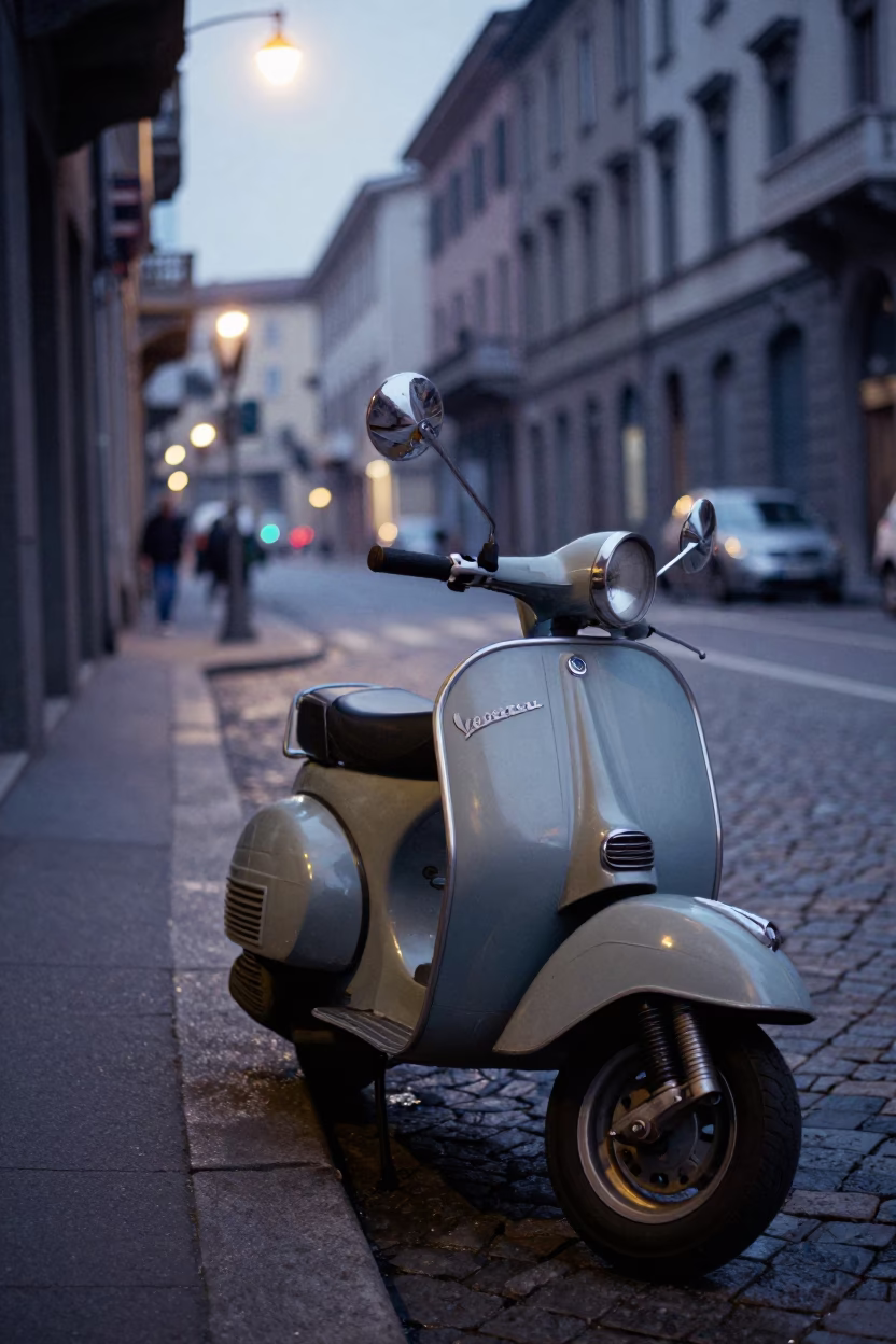 Early Morning Milan Street Scene with Vintage Scooter and Cobblestones Before Sunrise in in Milan, Italy