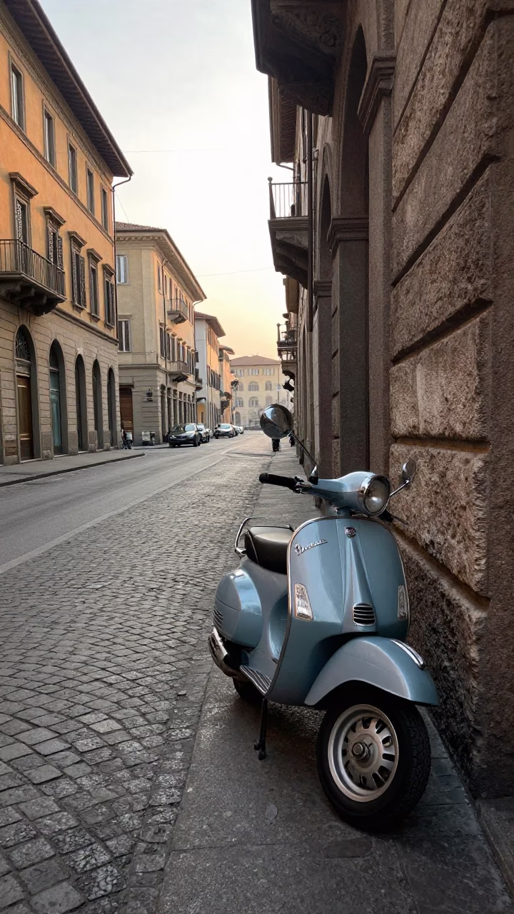 Early Morning Milan Street Scene with Vintage Scooter and Local Bakery in in Milan, Italy
