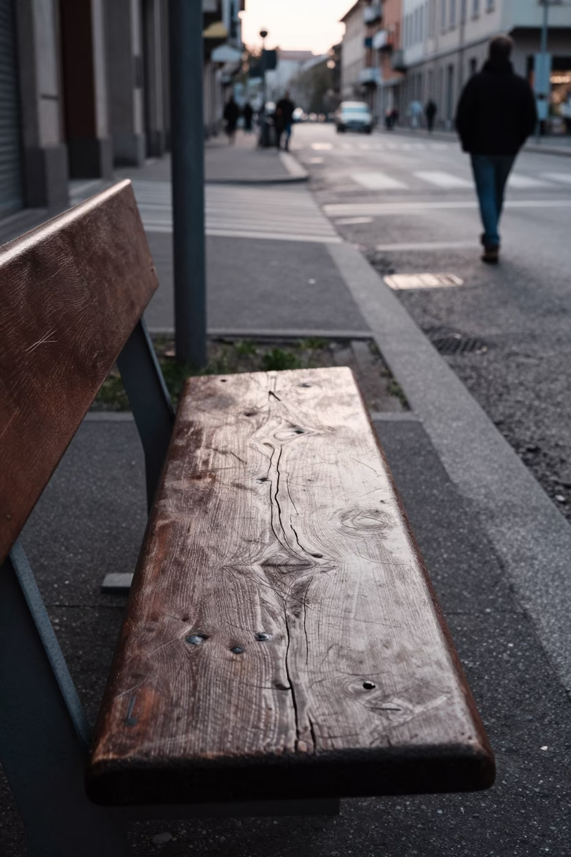 Early Morning Milan Street Scene with Wooden Bench Scratches and Local Details in in Milan, Italy