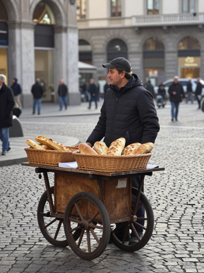 Early Morning Milan Street Vendor with Bread Basket and Chalkboard Sign in in Milan, Italy