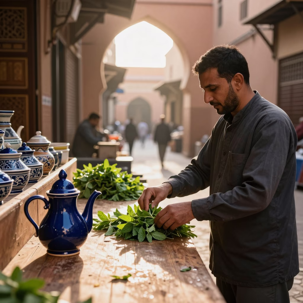 Early Morning Mint Tea Preparation in Marrakech Souk with Ceramic Pot in in Marrakech, Morocco