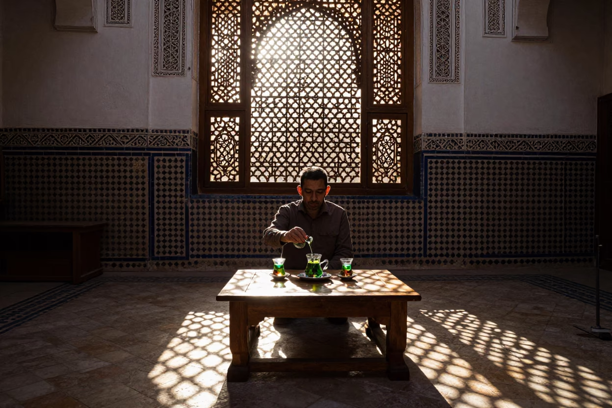Early Morning Mint Tea Service in Marrakech Medina Courtyard with Aloe Vera Plant in in Marrakech, Morocco