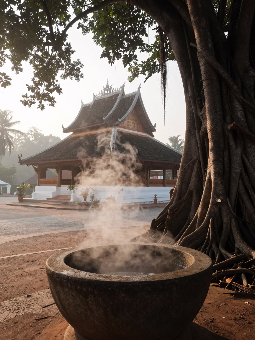 Early Morning Mist and Banyan Roots in Historic Luang Prabang Laos Street Scene in in Luang Prabang, Laos