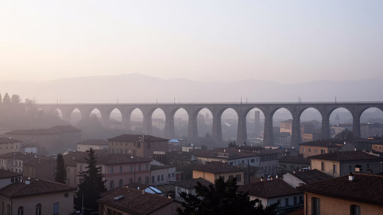 Early Morning Mist and Railway Viaduct Arching Over Bologna Italy Street Scene in in Bologna, Italy