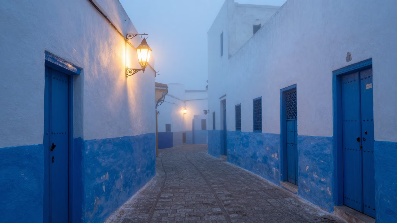 Early Morning Mist in Essaouira Medina Lantern Lit Alleyway with Local Fisherman in in Essaouira, Morocco
