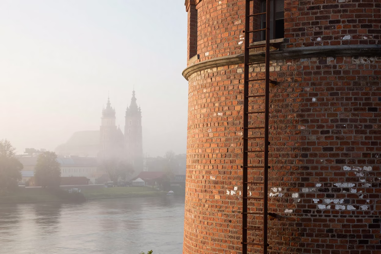 Early Morning Mist on Krakow Water Tower Ladder and Pale Blue Sky in in Krakow, Poland
