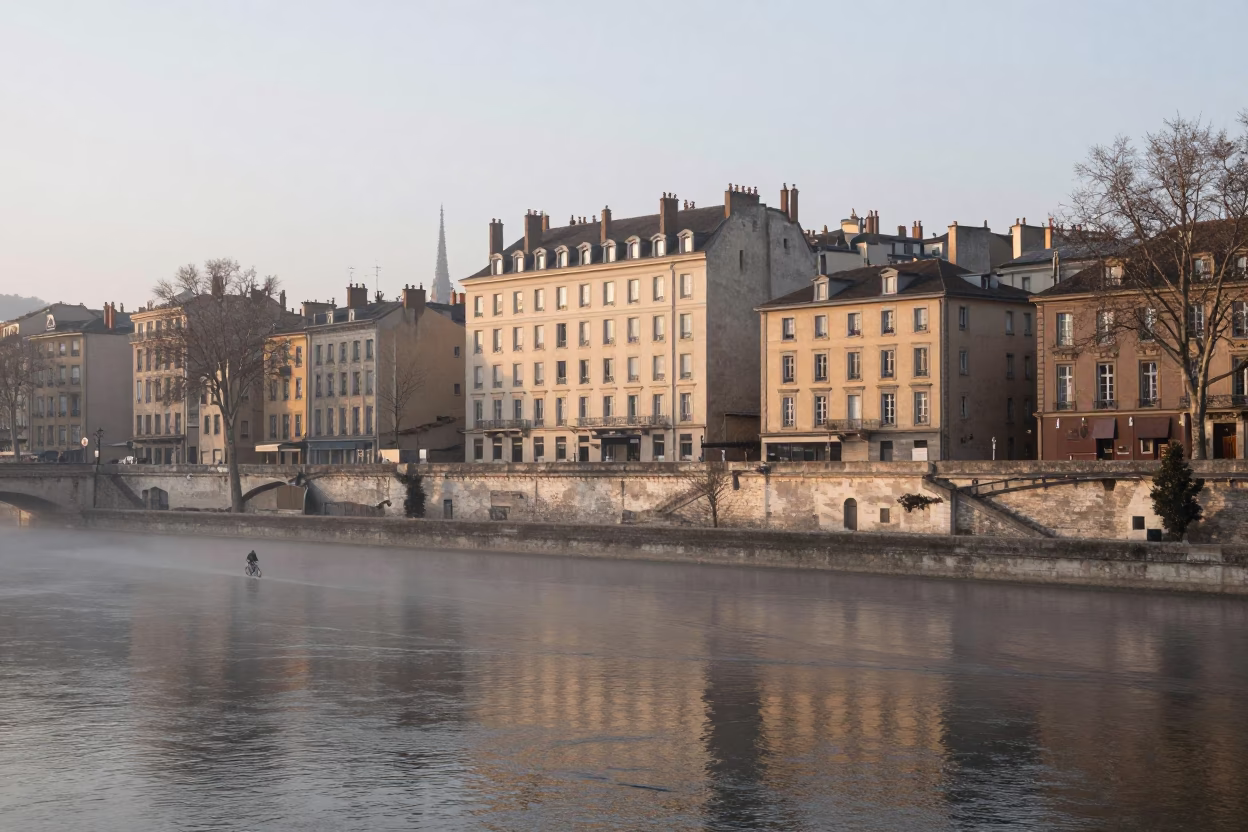 Early Morning Mist on Lyon's Quai Saint-Vincent with Historic Stone Architecture in in Lyon, France