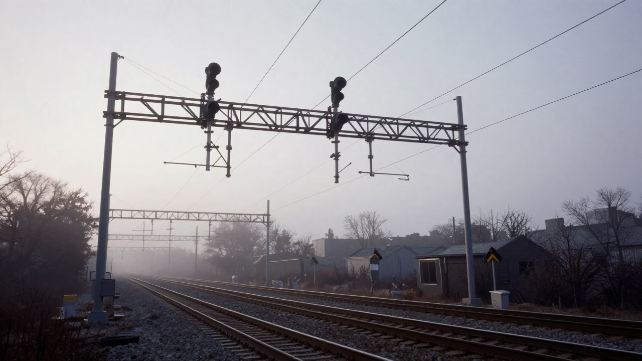 Early Morning Mist on Montreal Rail Lines with Signal Gantry in Quebec Canada in in Montreal, Quebec, Canada