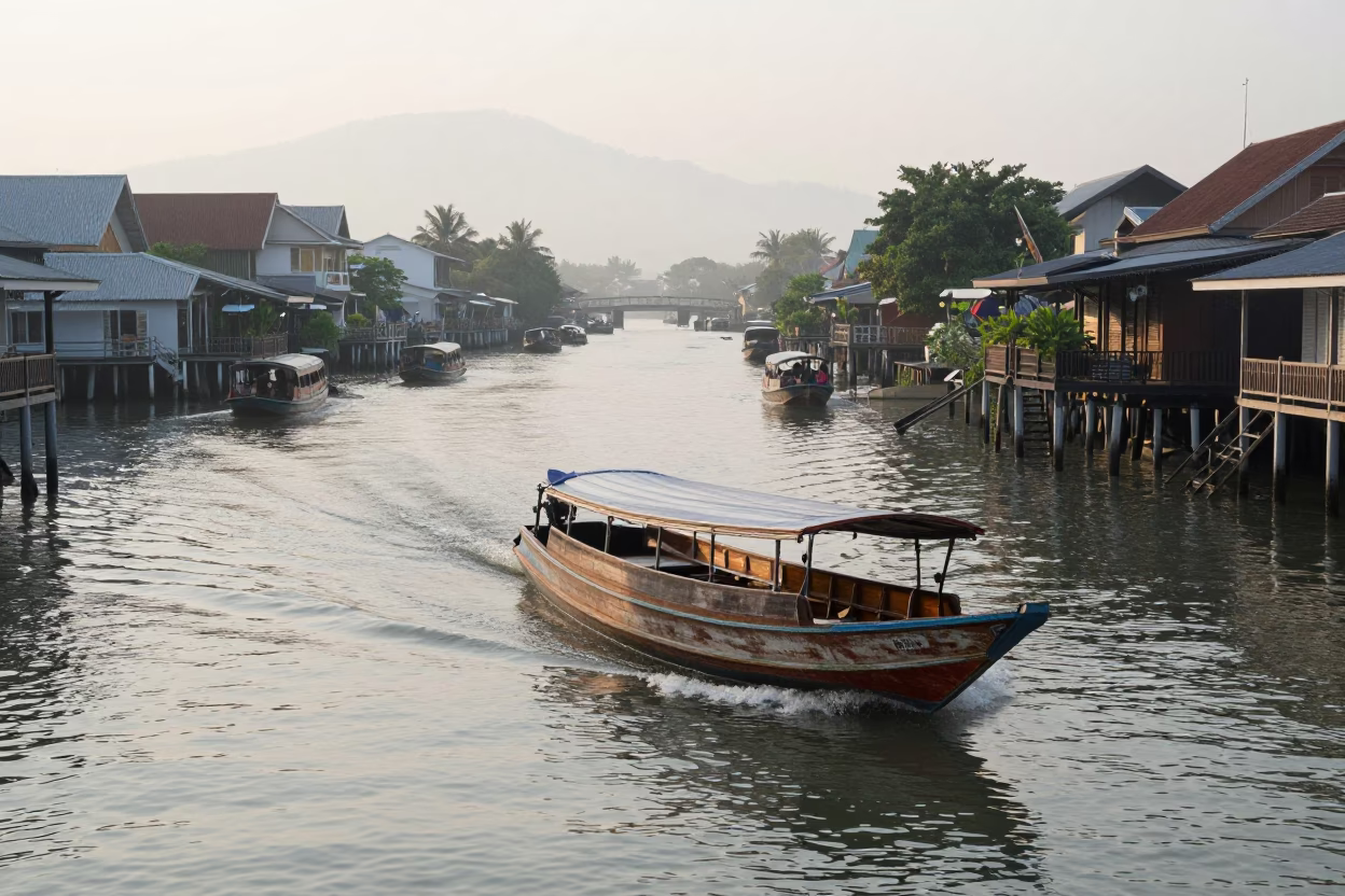 Early Morning Mist on Phuket Canal with Water Taxi and Houseboats in in Phuket, Thailand