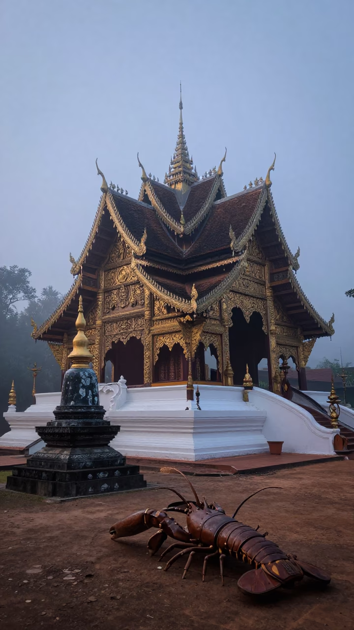 Early Morning Mist Over Chiang Mai Temple and Wooden Lobster Boat in in Chiang Mai, Thailand