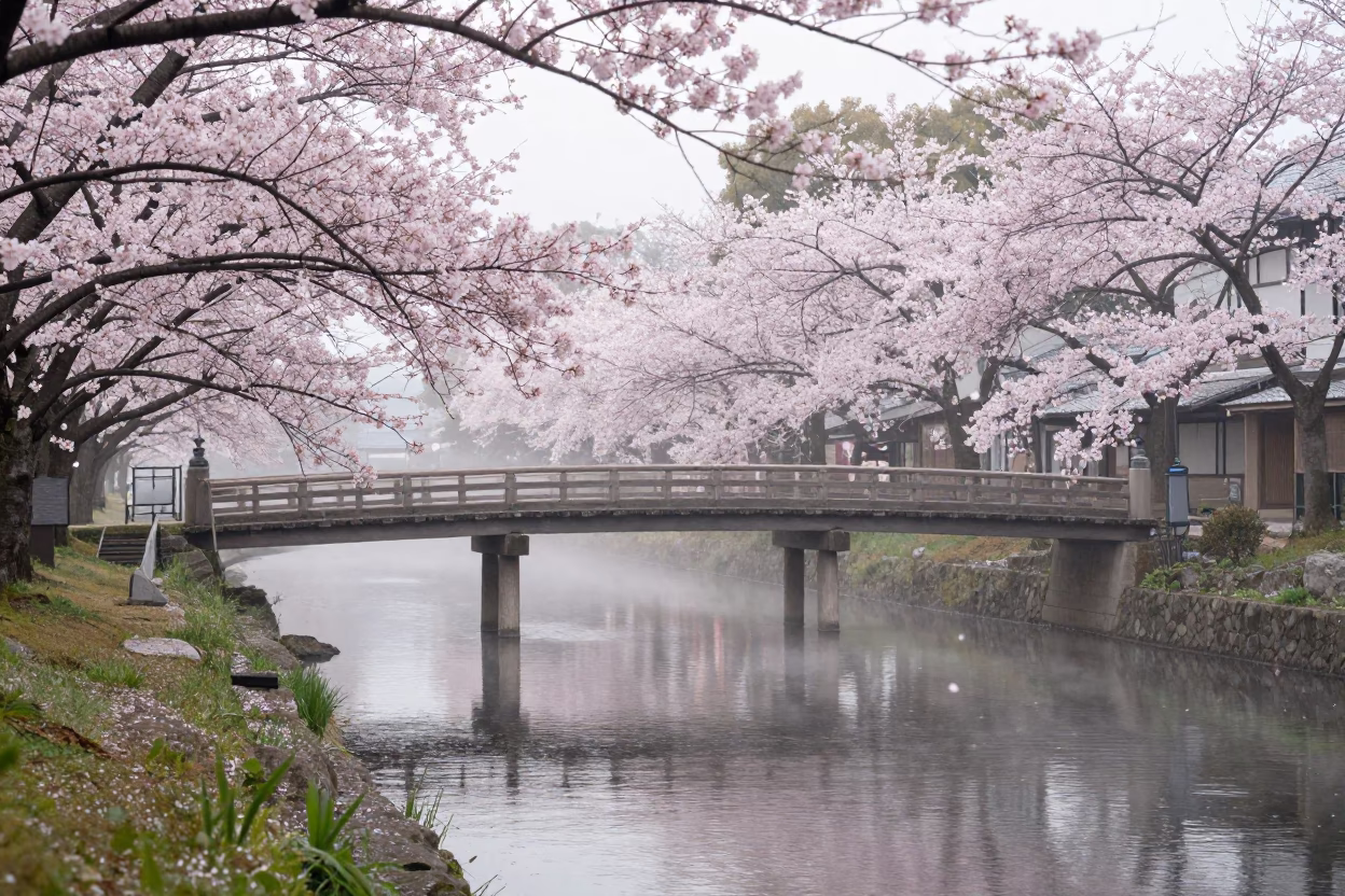 Early Morning Mist Over Kyoto River With Falling Cherry Blossom Petals and Wooden Bridge in in Kyoto, Japan