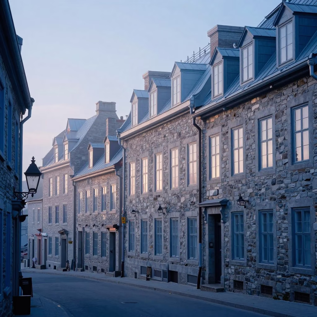 Early Morning Mist Over Quebec City Historic District Before Sunrise in in Quebec City, Quebec, Canada
