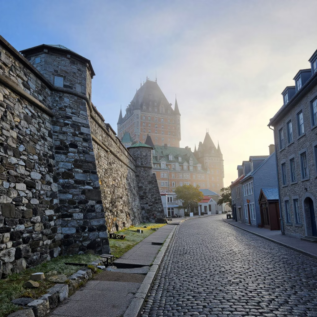 Early Morning Mist Over Quebec City Stone Walls and Cobblestone Streets in in Quebec City, Quebec, Canada