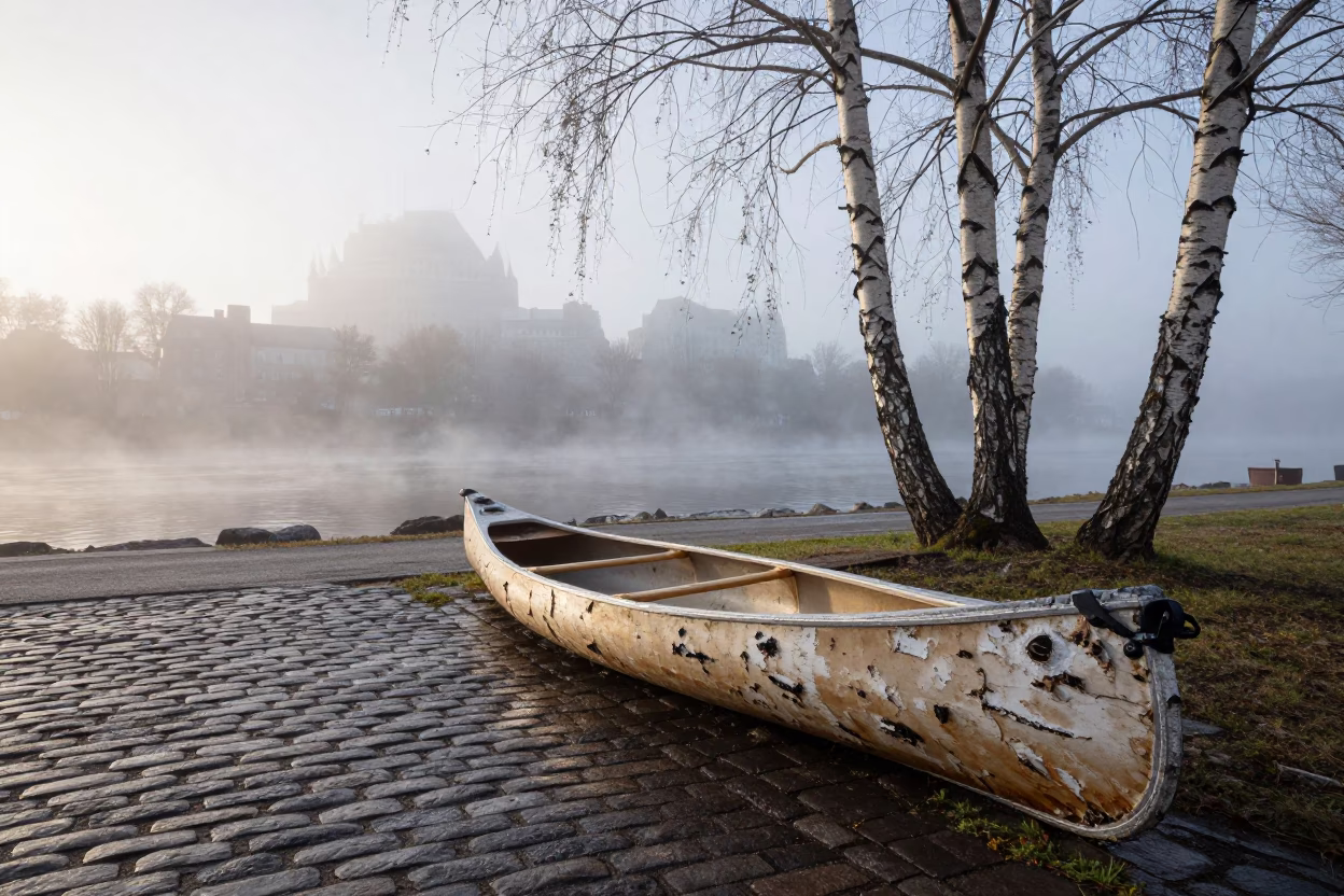 Early Morning Misty Quebec City Street Scene with Birch Bark Canoe and Rain Boots in in Quebec City, Quebec, Canada