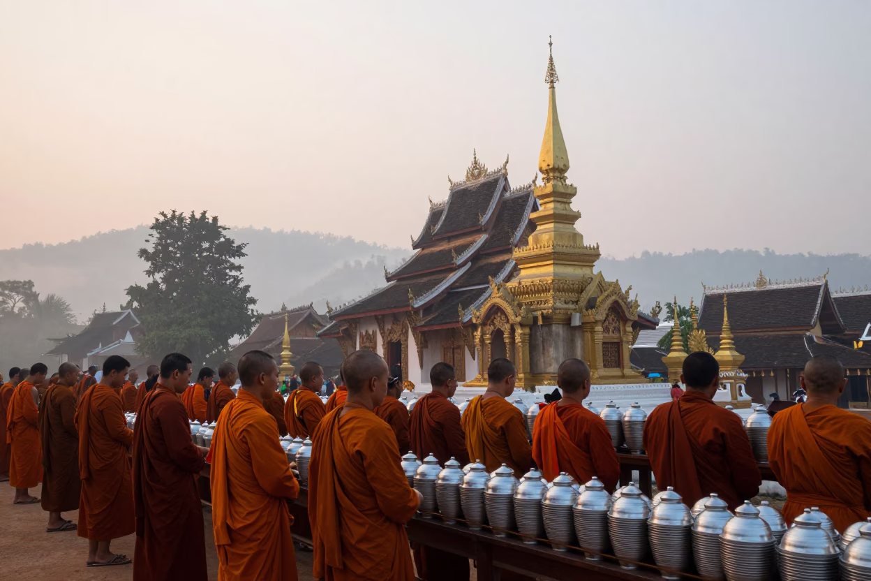 Early Morning Monk Alms Ceremony with Tiffin Tin in Luang Prabang Laos Before Dawn in in Luang Prabang, Laos