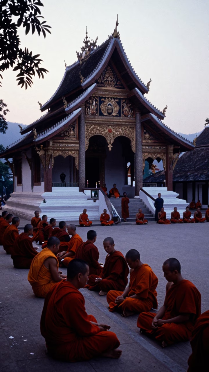 Early Morning Monk Alms Giving Ceremony in Luang Prabang Laos Before Sunrise in in Luang Prabang, Laos