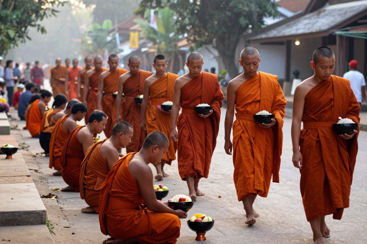 Early Morning Monk Alms Giving Ceremony in Luang Prabang Laos in in Luang Prabang, Laos