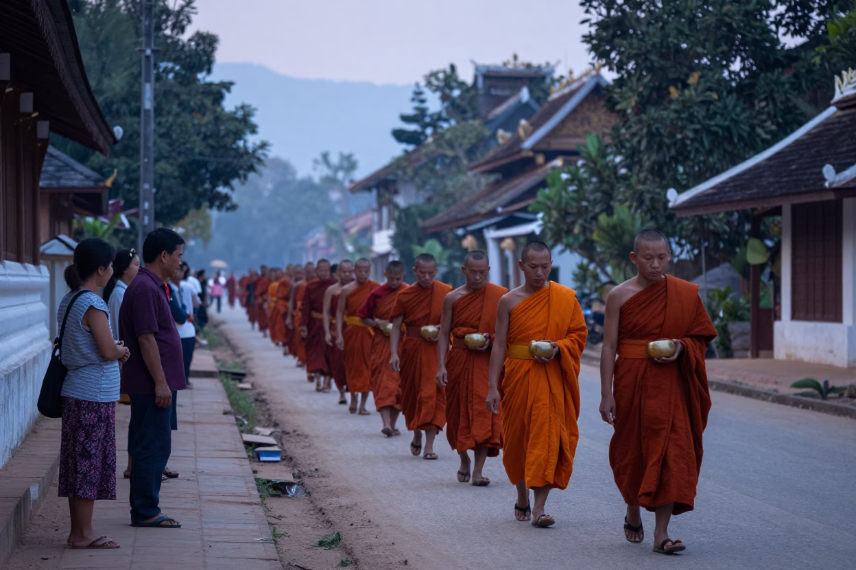 Early Morning Monks Collecting Alms in Luang Prabang Laos Before Sunrise in in Luang Prabang, Laos