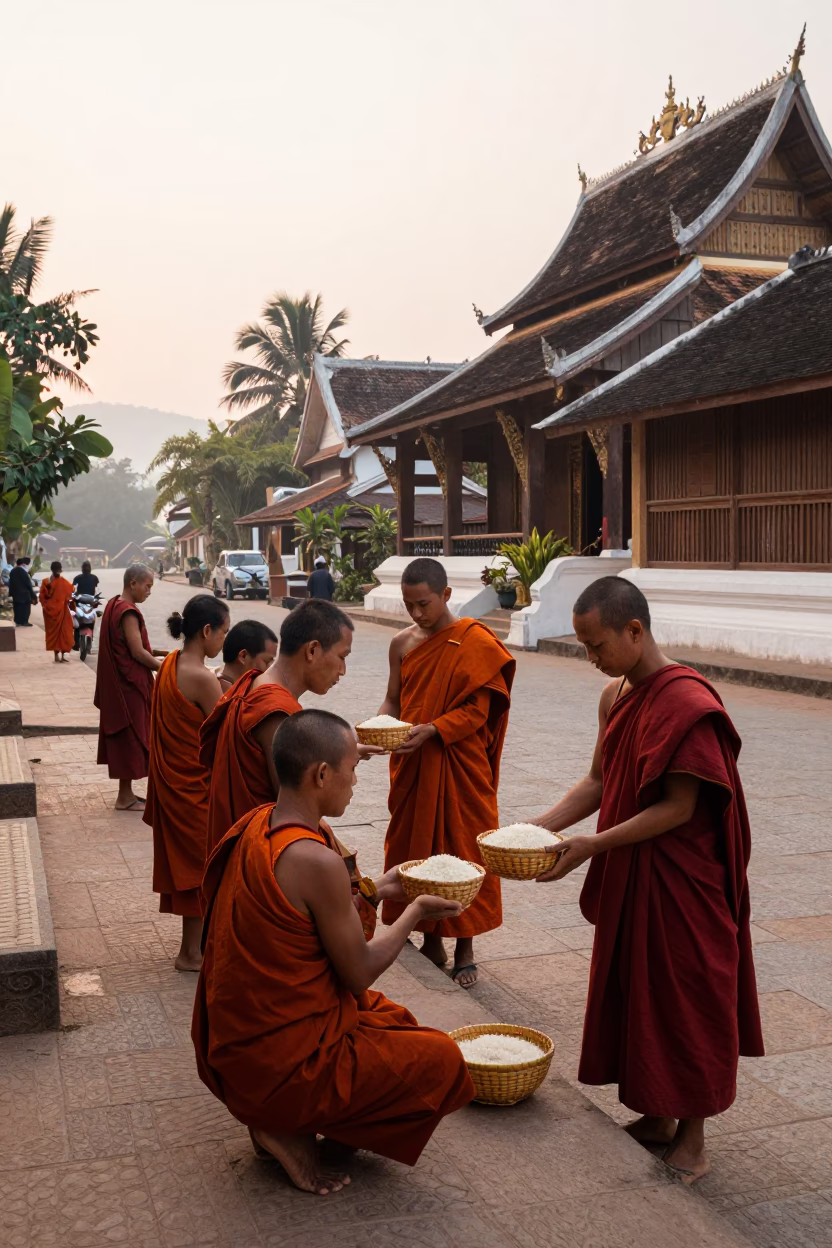 Early Morning Monks Collecting Alms in Luang Prabang Laos Street Scene in in Luang Prabang, Laos