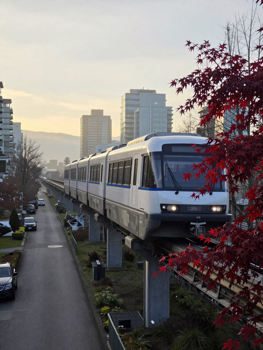 Early Morning Monorail and Japanese Maple in Vancouver British Columbia Canada in in Vancouver, British Columbia, Canada