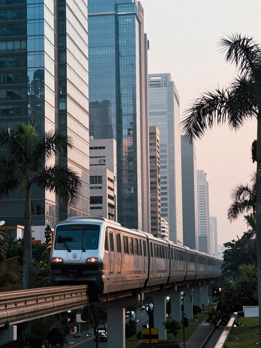 Early Morning Monorail Glide Past Glass Towers and Palm Trees in Mexico City in in Mexico City, Mexico