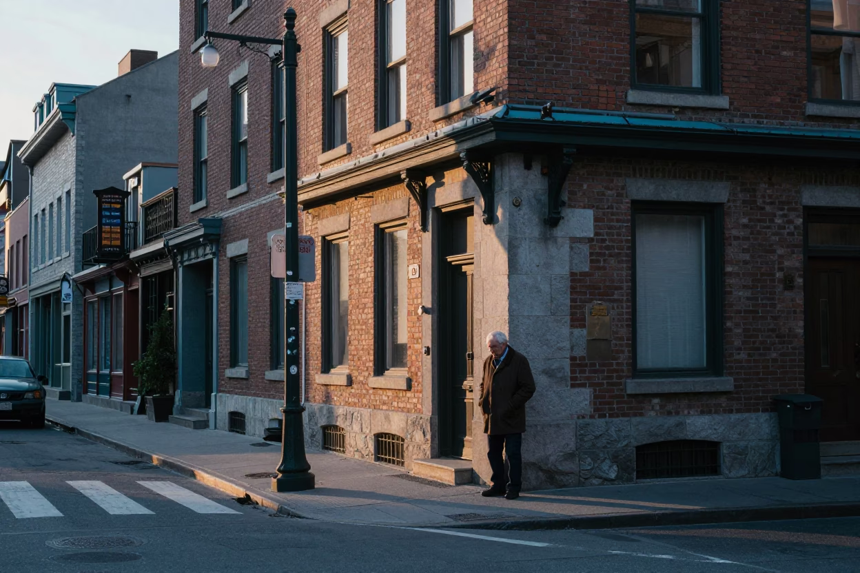 Early Morning Montreal Street Scene Before Sunrise with Vintage Details in in Montreal, Quebec, Canada
