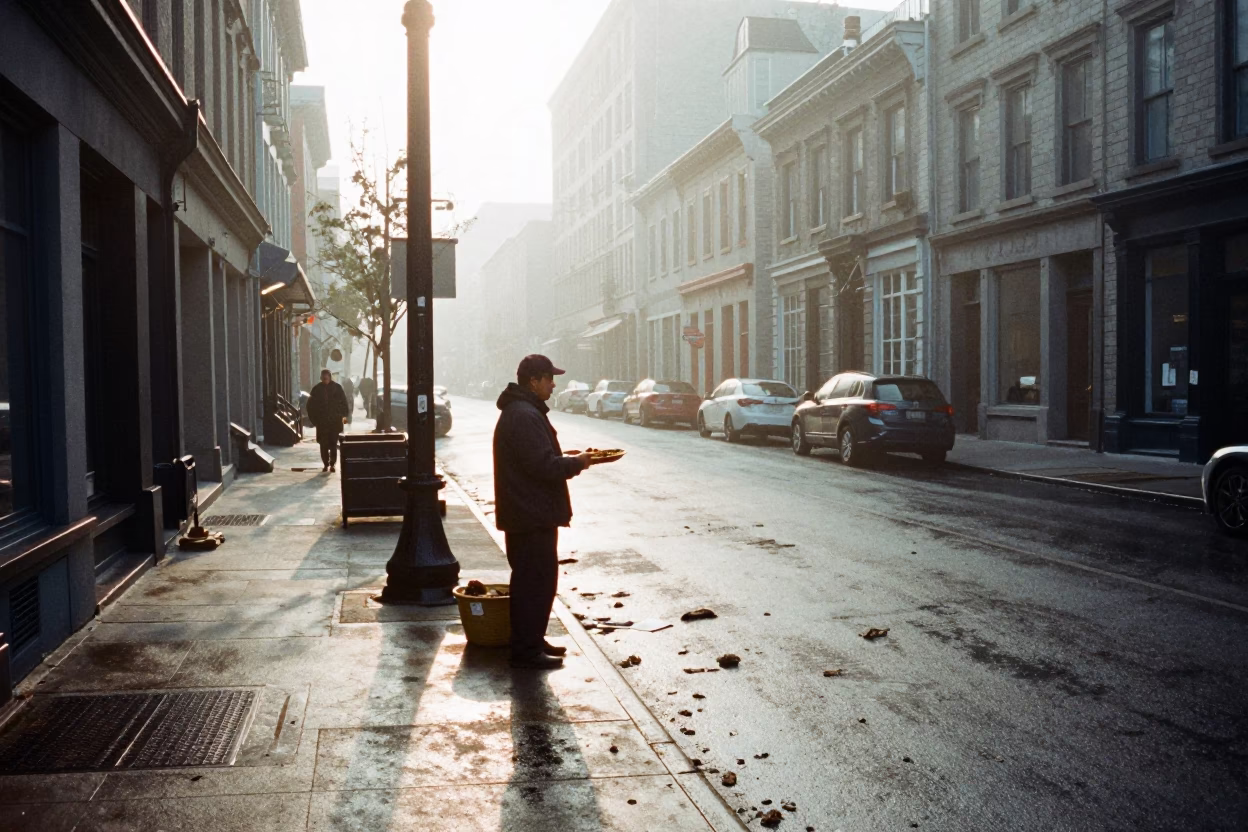Early Morning Montreal Street Scene with Basket Tray and Urban Morning Light in in Montreal, Quebec, Canada